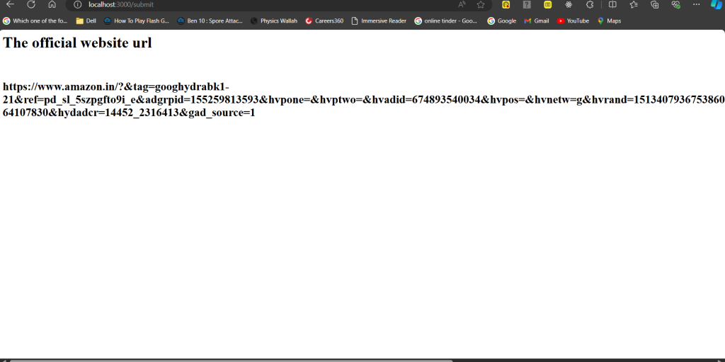 The website showing the URL of amazon official website 