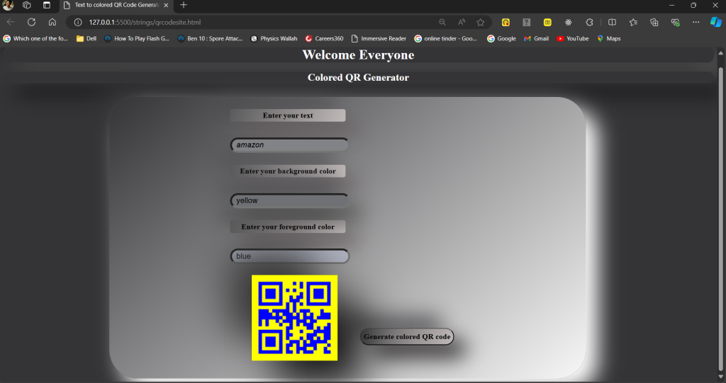 As this webpage take text, background and foreground color as input and generate a colored QR code