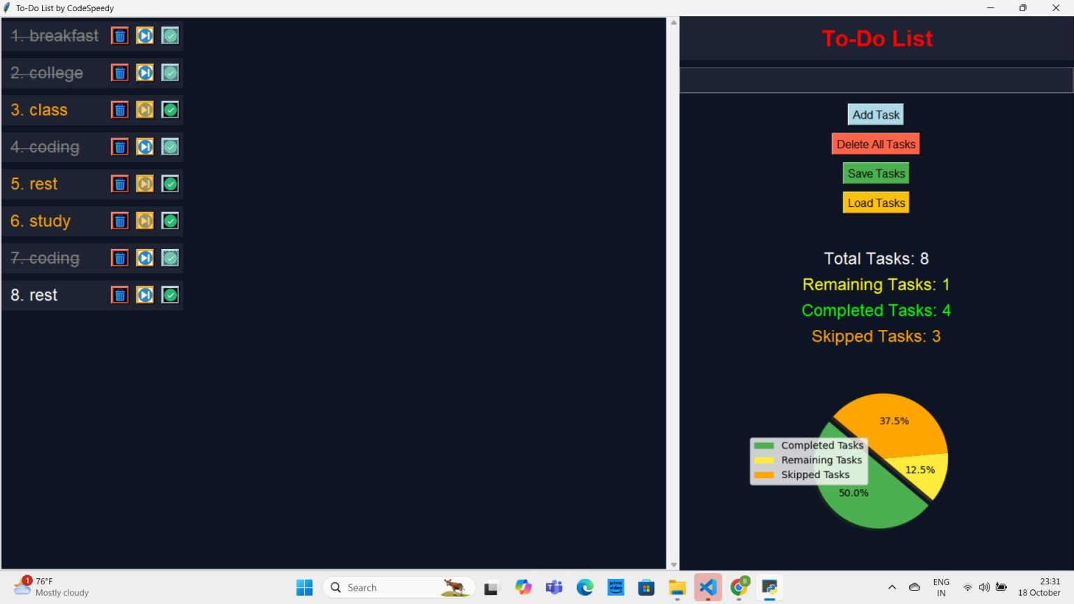 To Do list GUI app using Tkinter in Python (Pie chart included) Full code