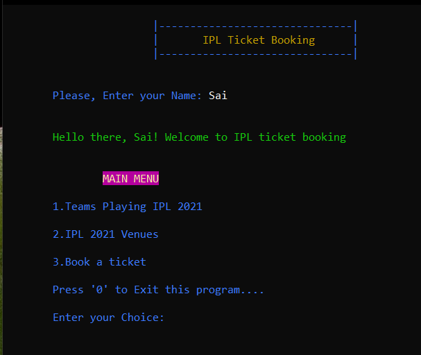 IPL Ticket Generator Main menu