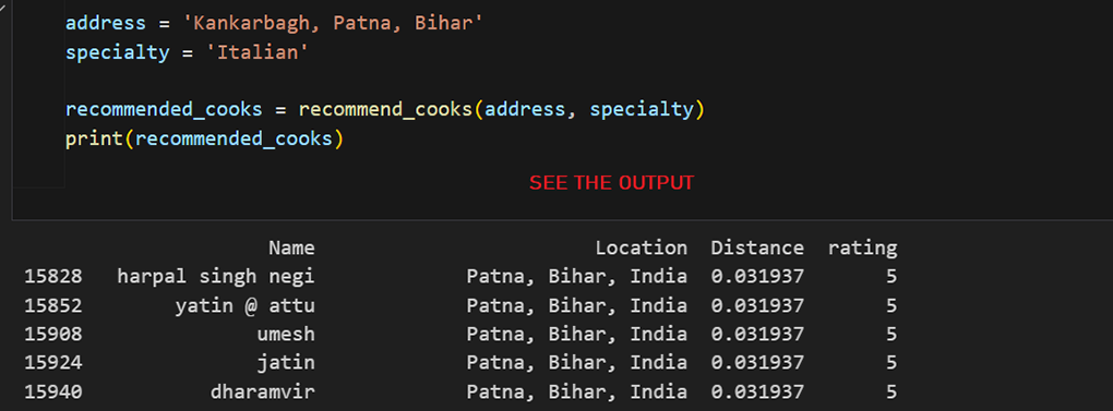 See output