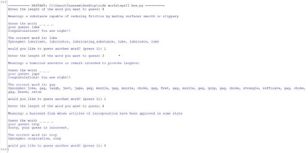 Output for guess the word