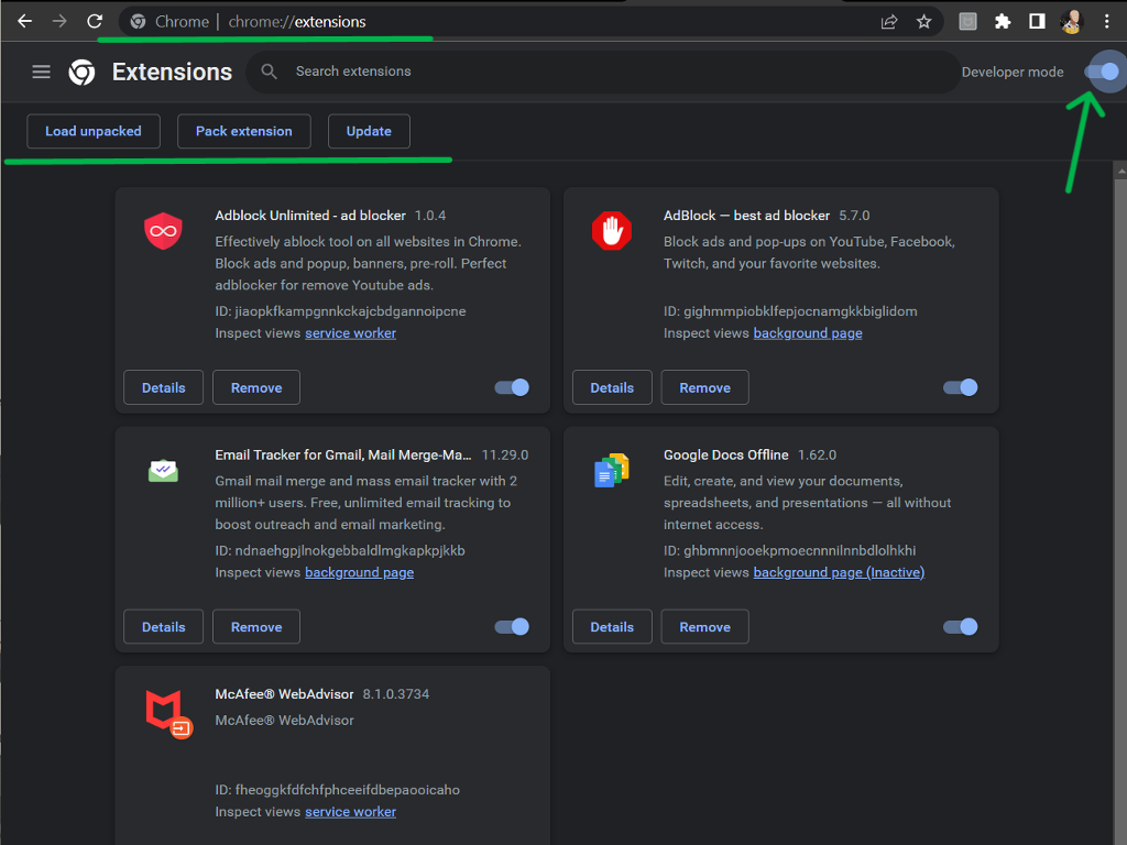Enableing developer mode and  showing functionalities after enabling.