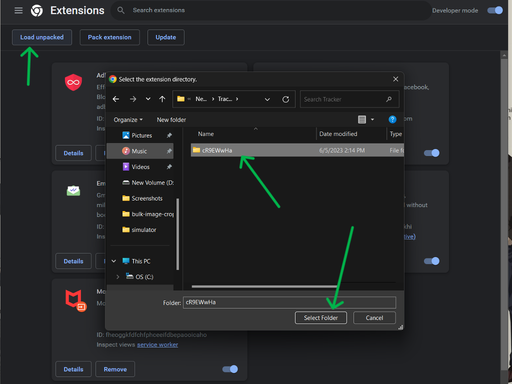 the user is selecting the extension file after clicking on load unpacked