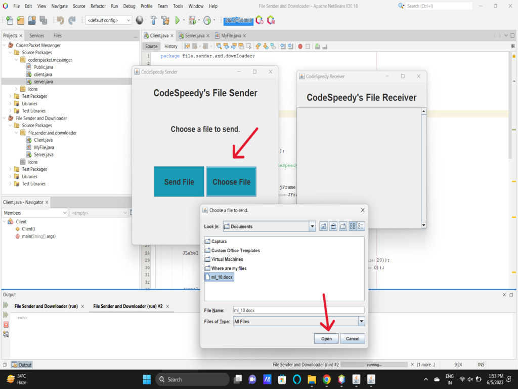 The image depicts the client choosing the file from the file explorer and open it for sending to server.