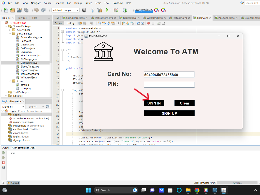 The generated card and pin number is used to Login the bank.