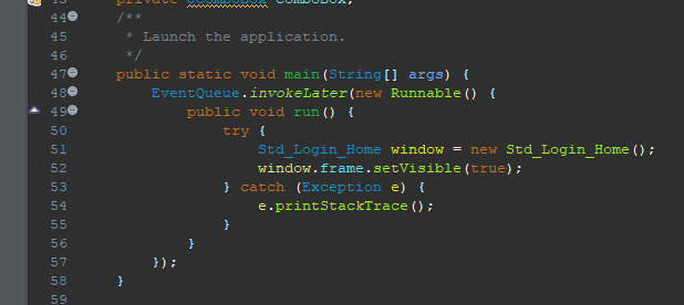 The main method serves as the entry point of the application. It creates an instance of the Std_Login_Home class and sets the visibility of the frame to true.