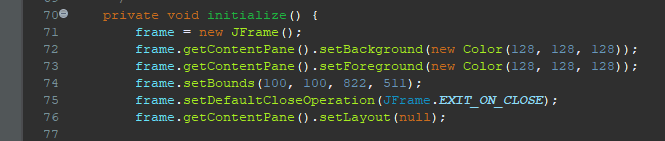 The initialize method initializes the frame of the application. It sets the background and foreground colors, the size and position of the frame, and sets the layout to null (absolute positioning).