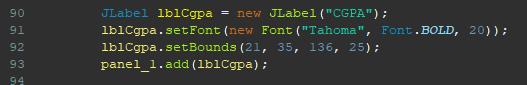 A label, lblCgpa, is created and added to panel_1. It displays the text 